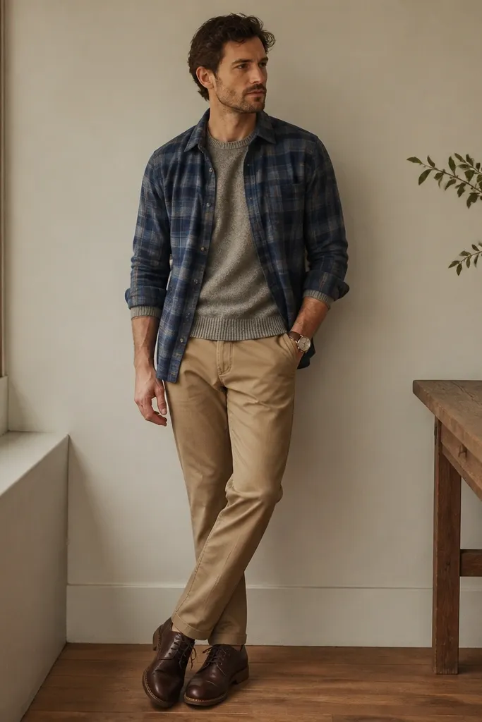 A blue flannel is worn open over a gray crewneck sweater. The pants are tan chinos with a clean straight cut. The model wears brown leather lace-up shoes and a simple watch.