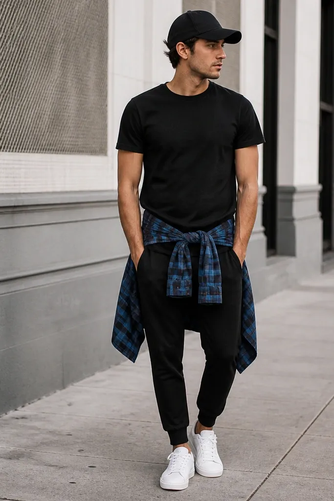 The model wears a plain black tee and black joggers. A blue flannel is tied around the waist with the plaid showing clearly. Clean white sneakers and a black baseball cap complete the look.