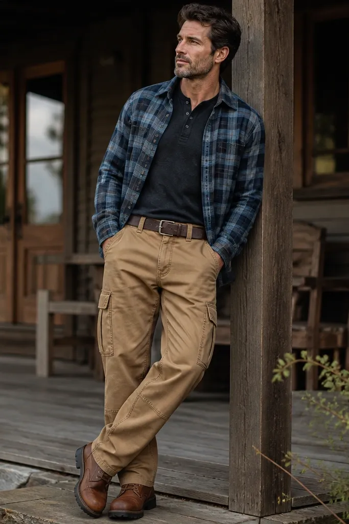 Blue flannel is worn open over a dark henley. Khaki work pants show cargo-style pockets and a straight leg. Brown work boots with thick soles and a leather belt finish the outfit.