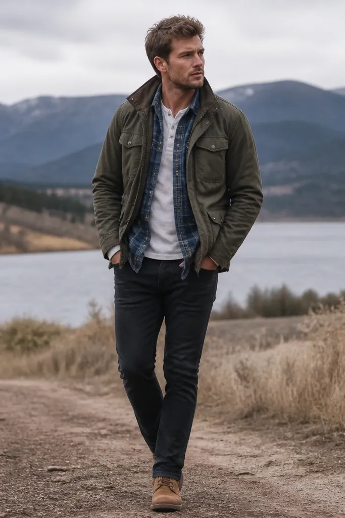 A blue flannel is layered over a white long-sleeve shirt, worn open. An olive field jacket sits on top. The model wears black jeans and tan boots.
