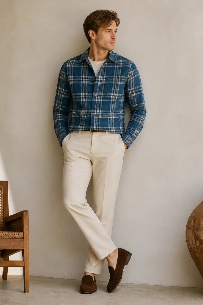 A blue plaid flannel is worn buttoned over a cream tee. The pants are cream chinos, and the shoes are dark brown suede loafers. The model keeps the look clean with a minimal belt.