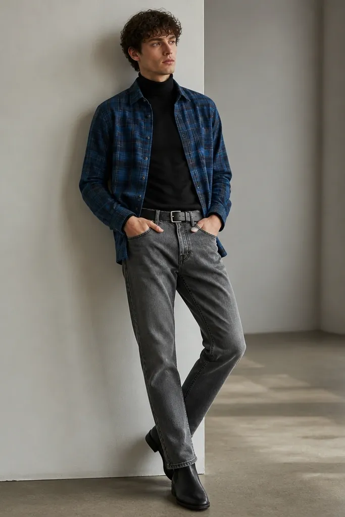 A blue flannel is worn open over a black turtleneck. The pants are medium gray denim, straight and slightly tapered. The model wears black leather boots and a thin black belt.
