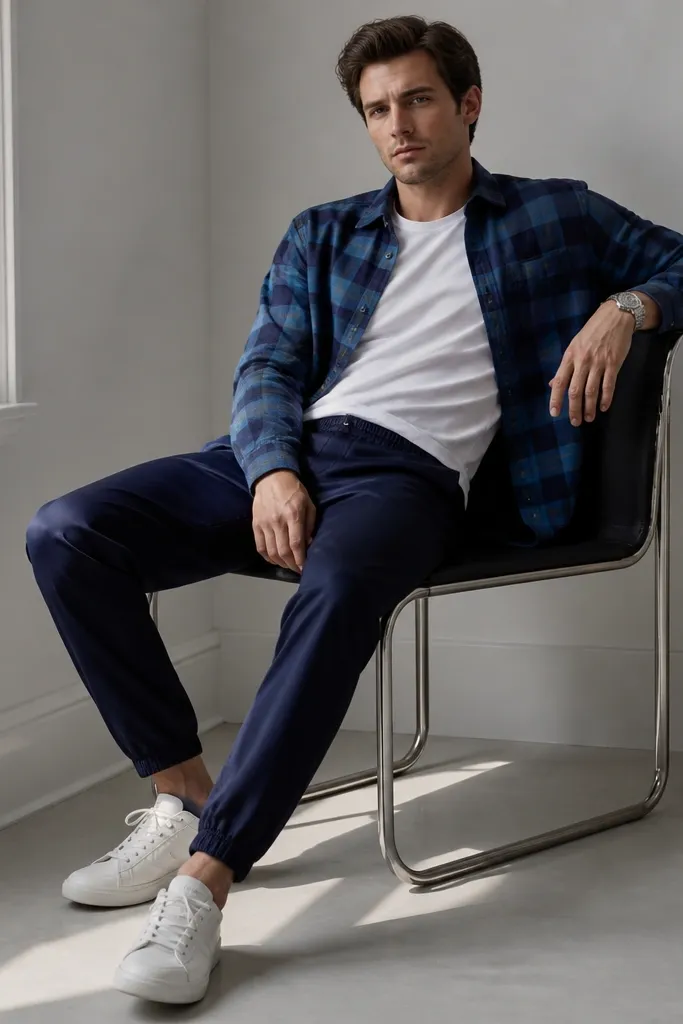 Blue flannel is worn open over a plain white tee. The pants are navy track pants with a subtle sheen and elastic cuffs. The model wears white leather sneakers and a silver wristwatch.