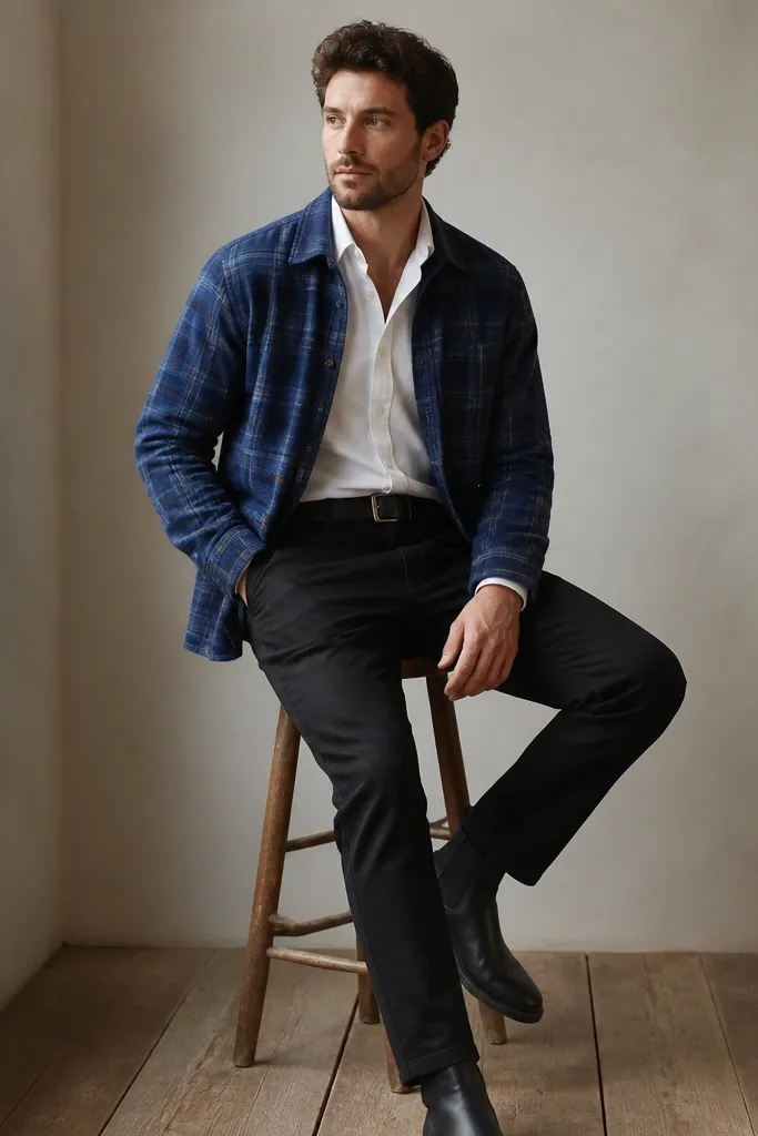 A blue flannel is worn open. A crisp white button-down is visible at the collar and top placket, slightly popped. The pants are black chinos. The model wears black boots and a simple leather belt.
