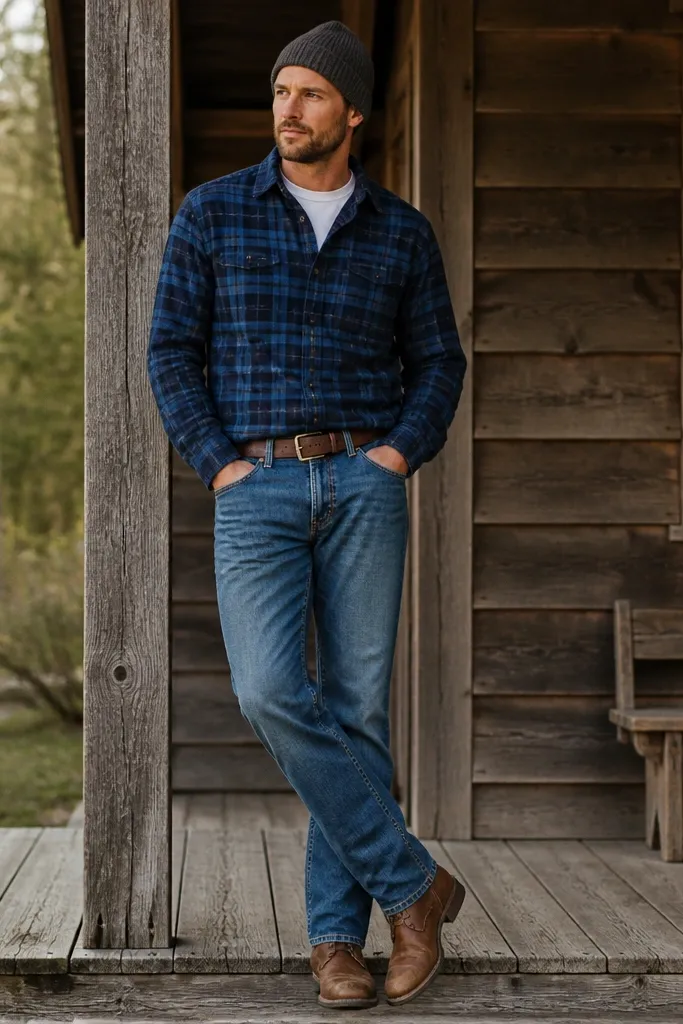 A blue flannel is worn buttoned over a white tee. Medium wash jeans appear as the main denim, with a brown leather belt. The model wears brown leather boots and a simple knit cap.