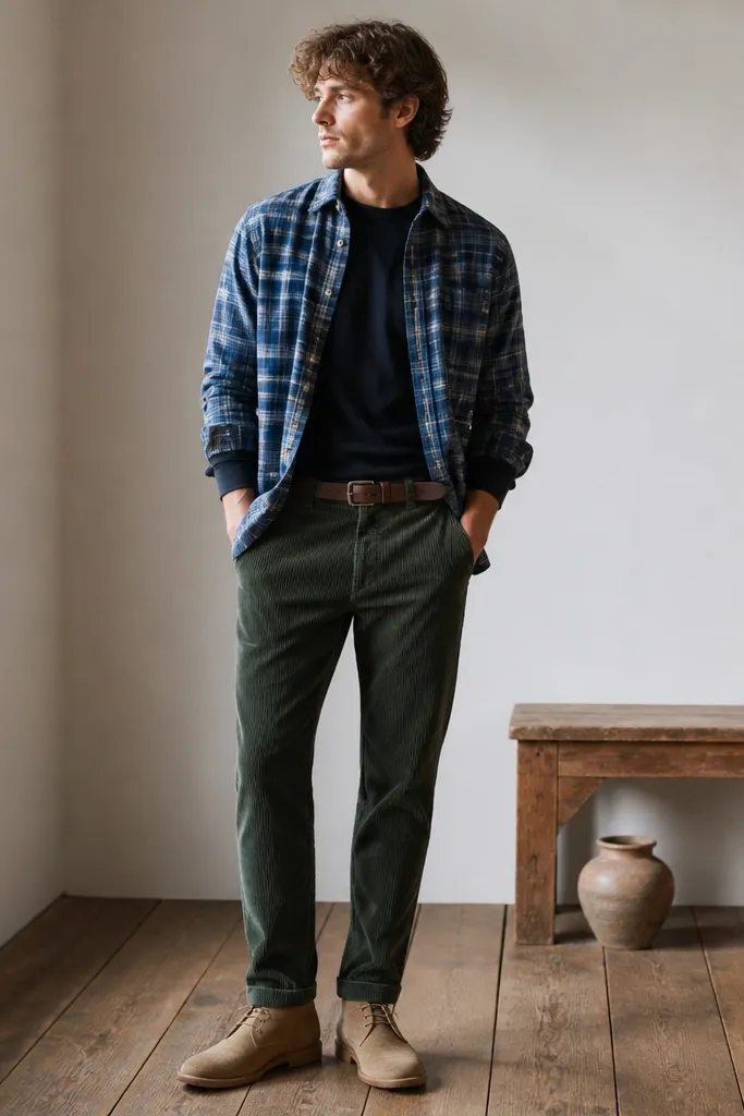Blue plaid flannel is worn open over a dark long-sleeve. The pants are dark green corduroy with visible ribs. The model wears tan suede chukkas and a brown leather belt.