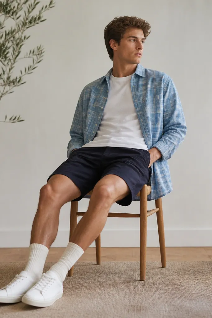 A light blue flannel is worn open over a white tee. The model wears navy shorts and long crew socks that are off-white. Shoes are white sneakers.