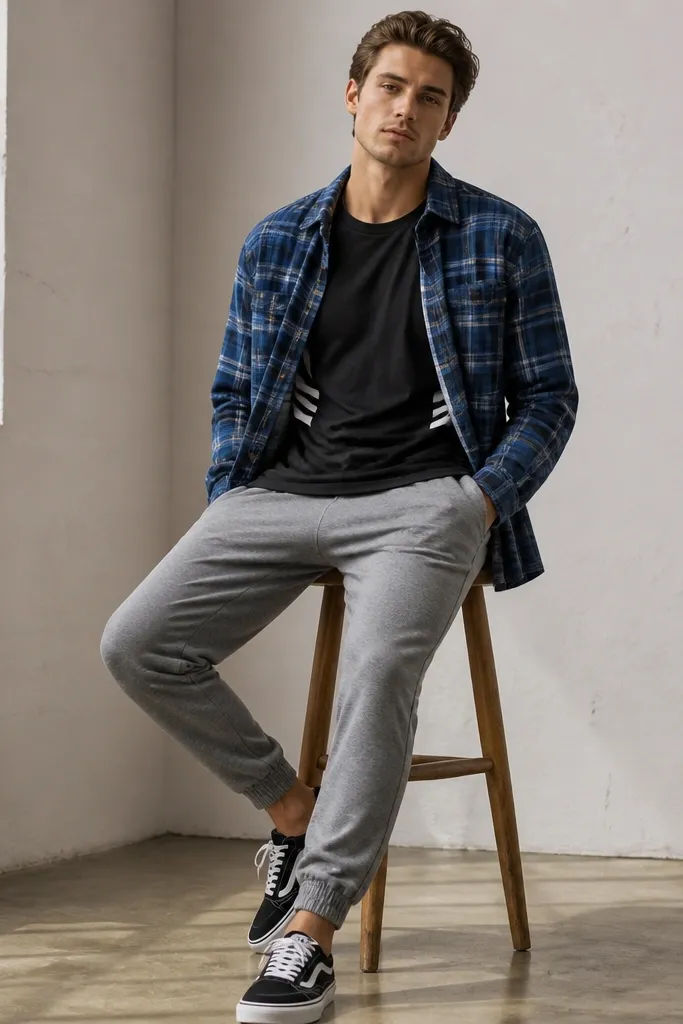 Blue flannel is worn open over a black baseball tee with a white stripe detail on the sleeves. The pants are gray joggers with elastic cuffs. The model wears black-and-white sneakers.