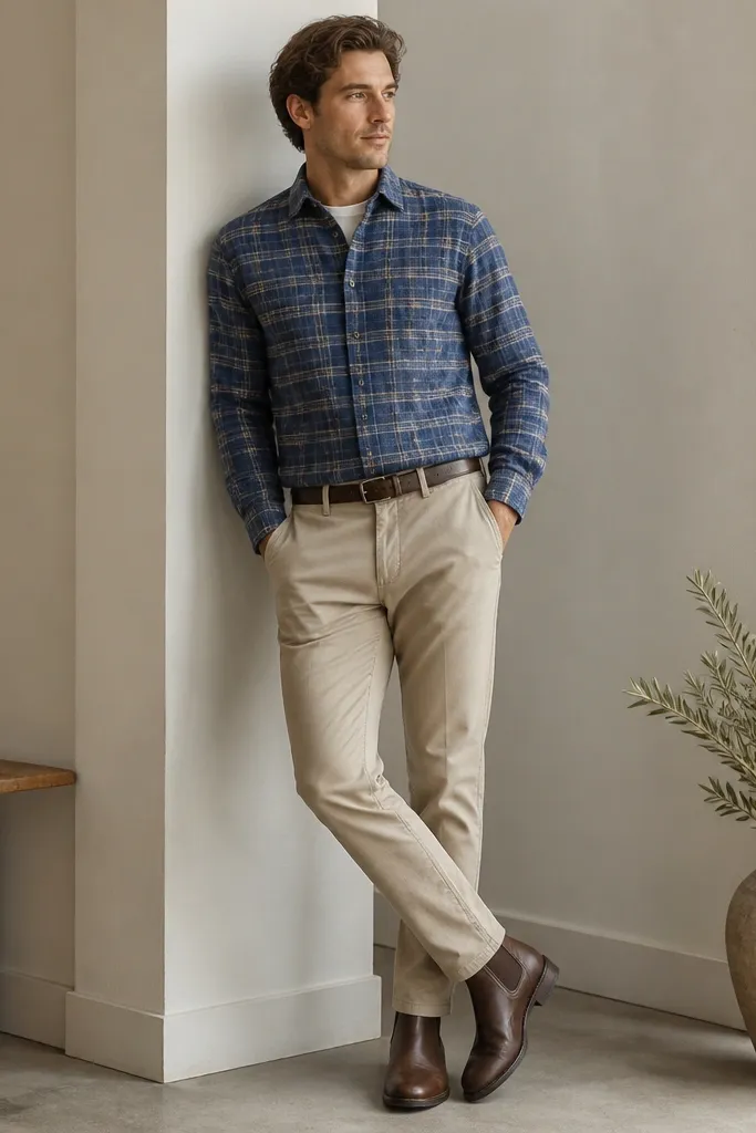 Blue flannel is buttoned and worn over a cream tee. The pants are beige chinos. The model wears dark brown Chelsea boots and a matching belt.