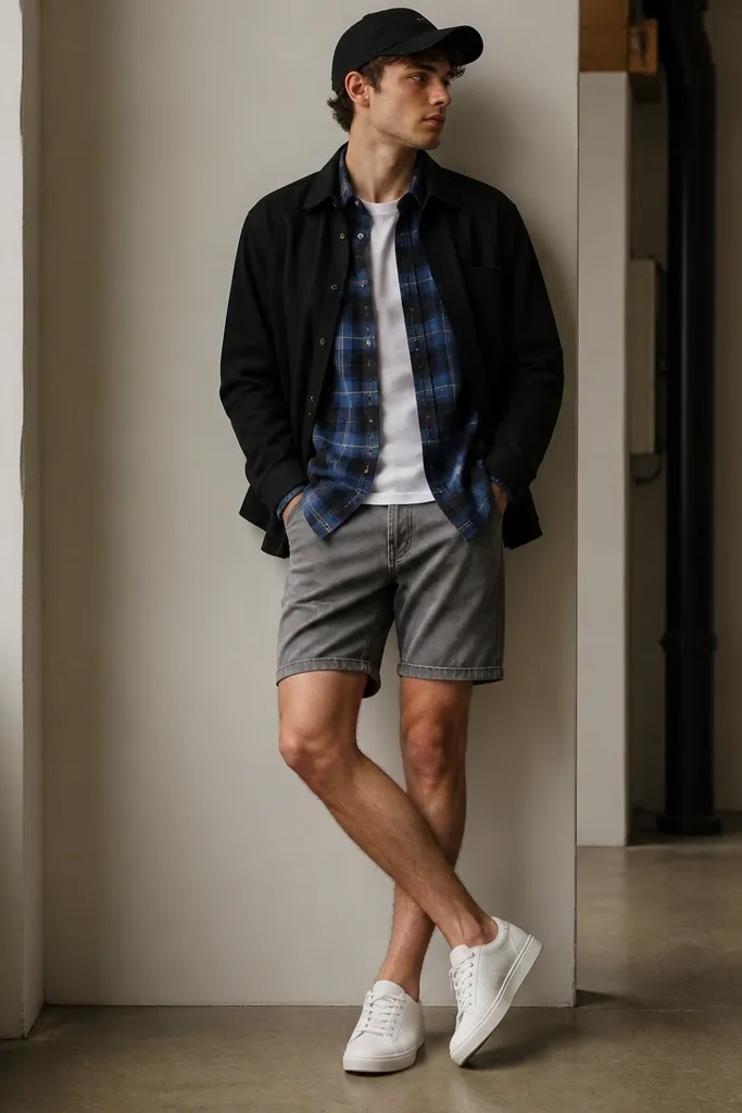 A blue flannel is layered under a black overshirt, both worn partially open. The shorts are gray denim and mid-thigh length. The model wears white sneakers and a black cap.