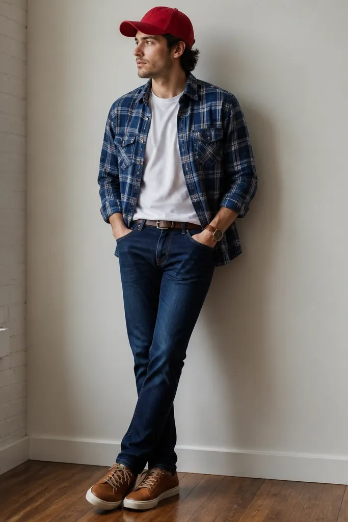 A blue plaid flannel is worn open over a white tee tucked into navy jeans. A red baseball cap stands out on the head. The model wears brown sneakers and a brown leather watch.