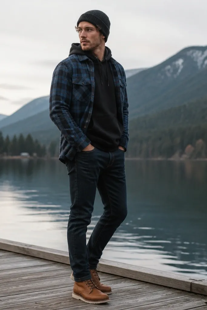 A blue plaid flannel is worn open over a black hoodie. The pants are dark jeans. The model wears tan leather boots and a dark beanie.
