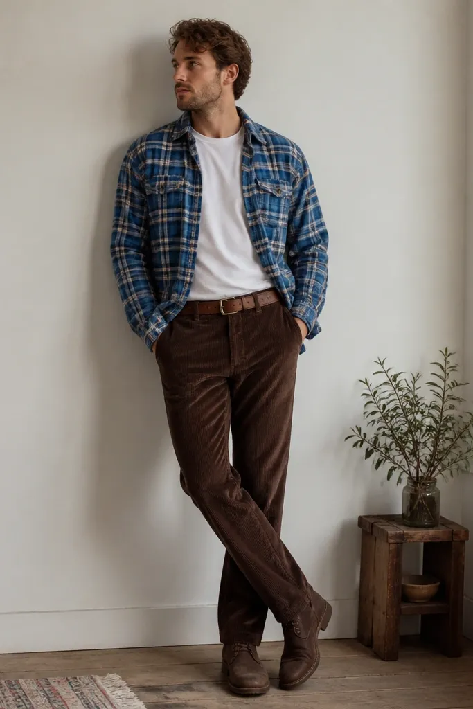 A blue plaid flannel is worn open over a white tee. The pants are dark brown corduroy with a medium rib width. The model wears dark brown boots and a belt.