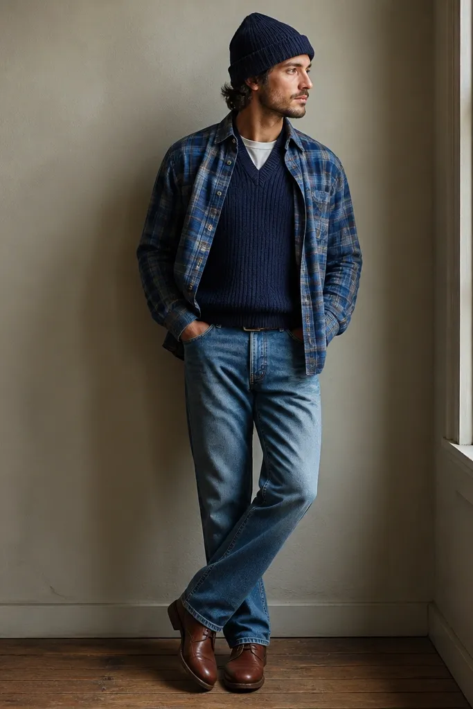 A blue flannel is worn open with a navy sweater vest underneath. The pants are medium wash jeans. The model wears brown leather shoes and a knit cap.