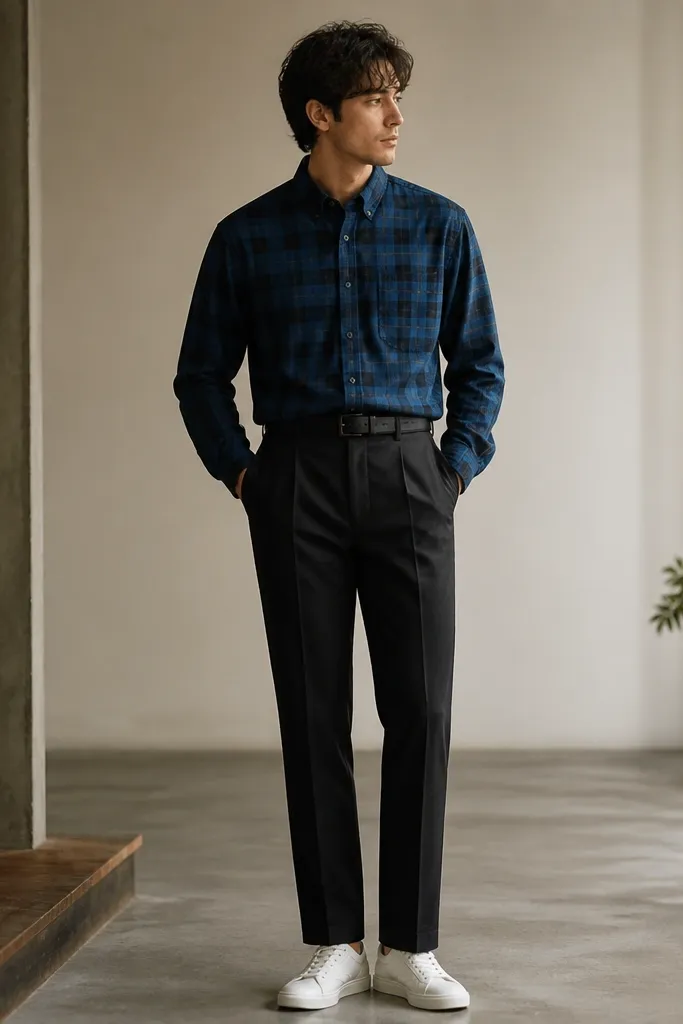 Blue flannel is buttoned over a black crew tee. The pants are black tailored trousers with a clean crease. The model wears minimal white sneakers and a black belt.