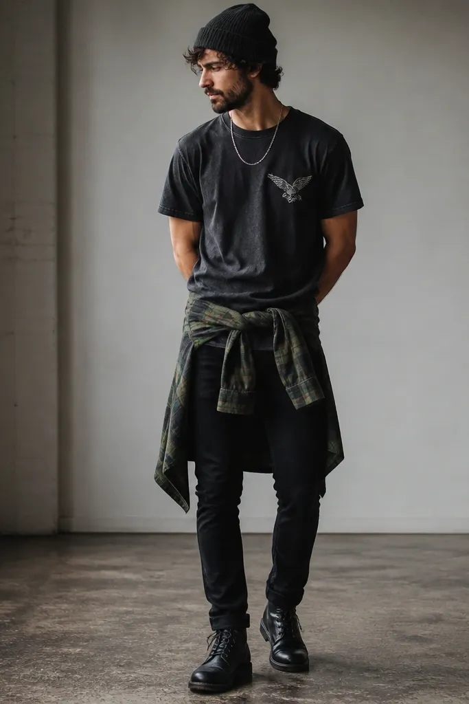 A man in a faded black crewneck tee with a small front graphic, olive green flannel worn open and tied around the waist, black slim jeans, and black leather lace-up boots. He wears a charcoal beanie and a thin silver chain.