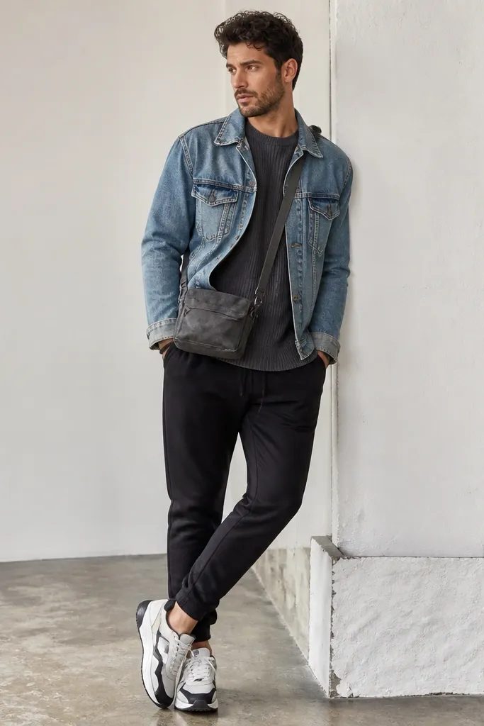 A man wearing a charcoal ribbed thermal under a light blue denim jacket with visible wear on the cuffs, black jogger-style pants, and white-black chunky sneakers. A dark gray crossbody bag hangs at the hip.