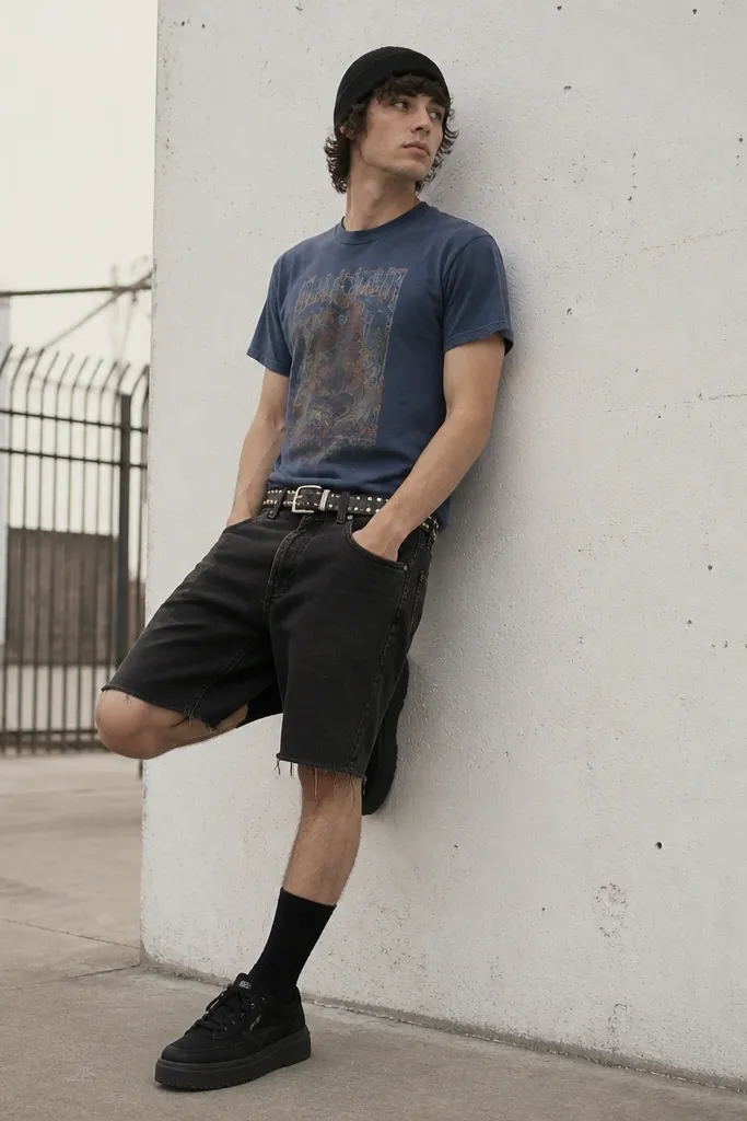 A man in a faded blue graphic band tee, black denim shorts, long black socks, and black platform skate shoes. He has a black beanie and a studded belt.
