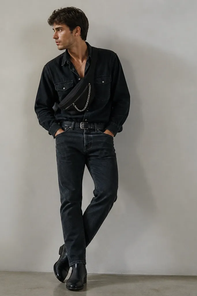 A man wearing a black denim button-up slightly open, dark-wash straight jeans, a black belt bag across his chest, and black Chelsea boots. A chain hangs over the belt bag strap.