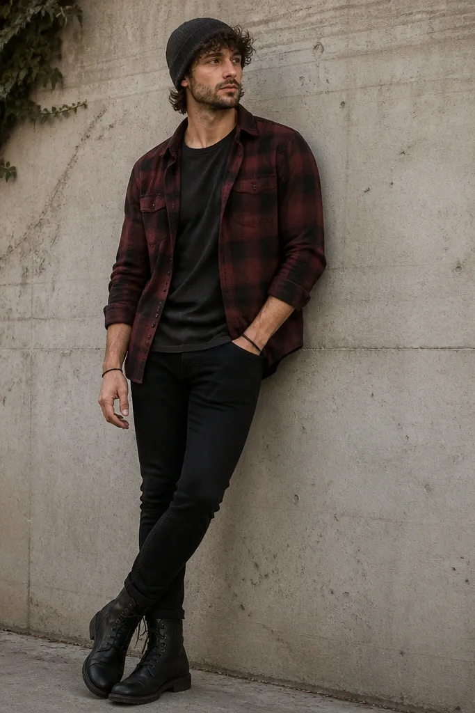 A man in an oxblood flannel shirt worn open over a black long sleeve, black skinny jeans, and black combat boots. He wears a dark gray knit beanie and a thin leather bracelet.