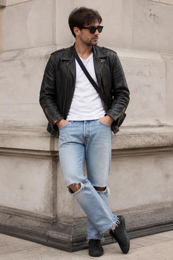 A man with a plain white crew tee, light-wash jeans with ripped knees and frayed hems, a worn black leather jacket, and black sneakers. He has sunglasses and a simple crossbody strap.