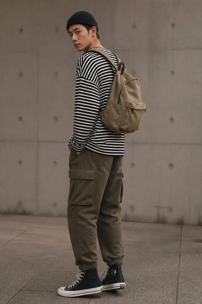 A man wearing a black-and-white striped long sleeve, olive cargo pants with multiple pockets, black beanie, and black high-top sneakers. A small canvas backpack sits on his back.