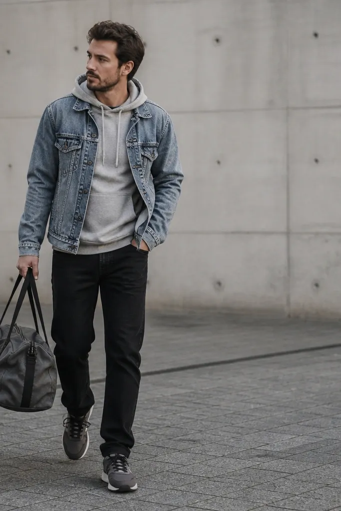 A man in a heather gray hoodie, acid-wash denim jacket worn open, black straight jeans, and gray-black sneakers. He carries a scuffed duffel bag in his hand.