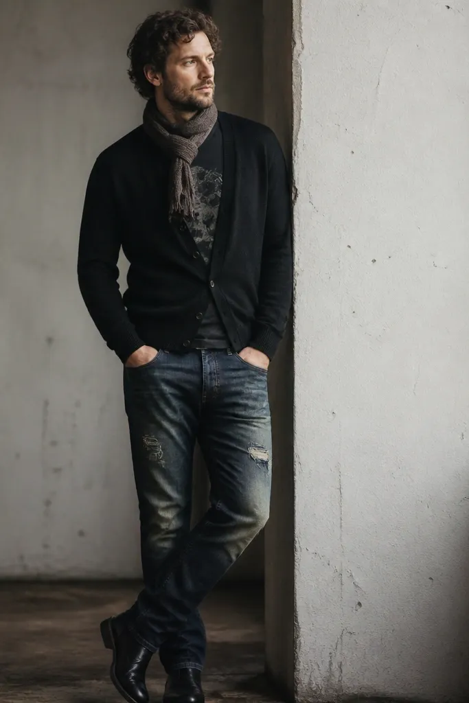 A man wearing a black cardigan buttoned halfway, a dark graphic tee underneath, straight jeans with distressed patches at the thighs, and black boots. He has a knit scarf tucked at the neck.