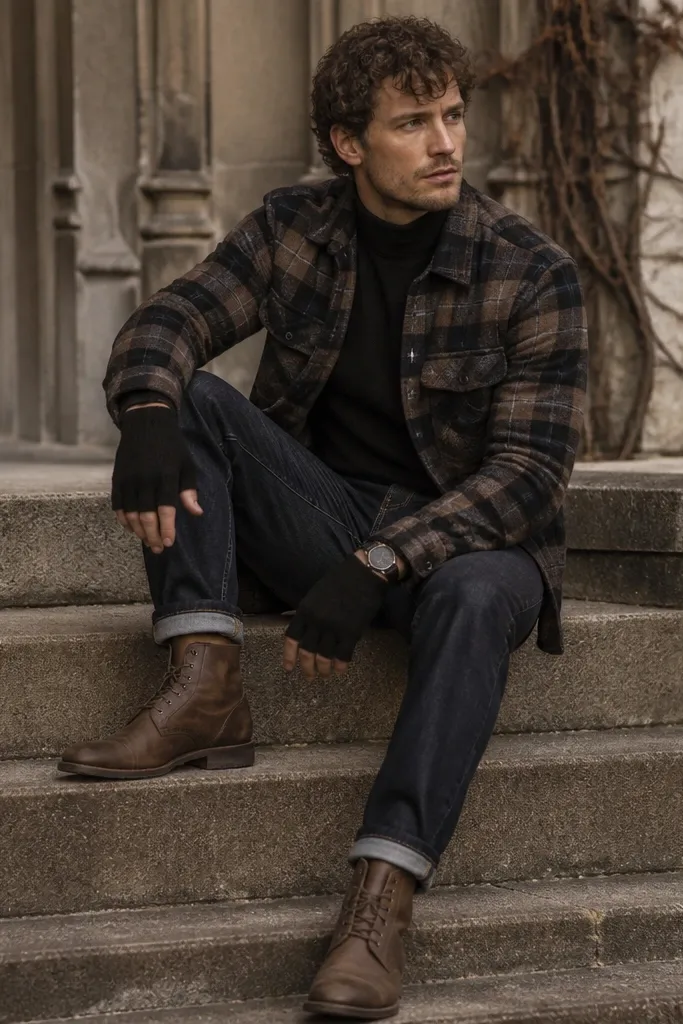 A man wearing a plaid overshirt in muted brown and black, a black mock-neck shirt underneath, tapered dark denim jeans, and brown leather boots. He wears fingerless gloves and a dark watch strap.