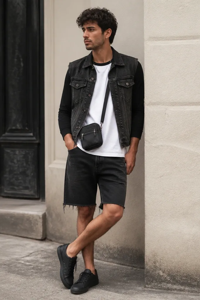 A man in a white raglan tee with black sleeves, wearing a worn black denim vest over it, black denim shorts, and black low-top sneakers. He has a chain necklace and a small crossbody pouch.