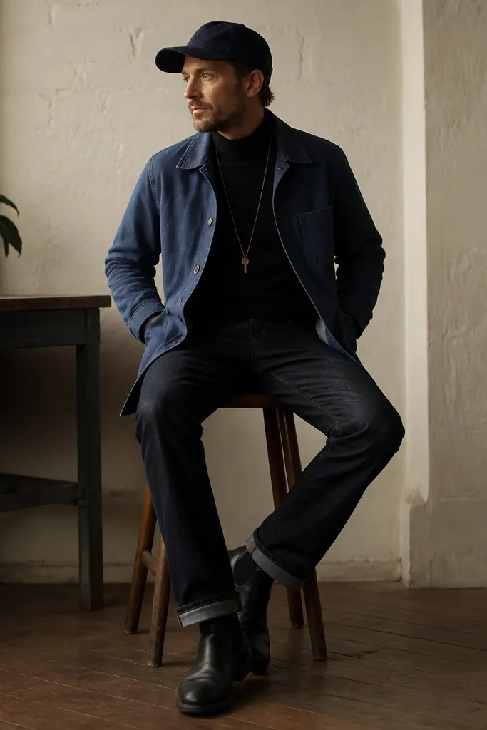 A man wearing a black turtleneck sweater under a washed blue chore coat, dark jeans, and black leather boots. He wears a long chain and a cap.