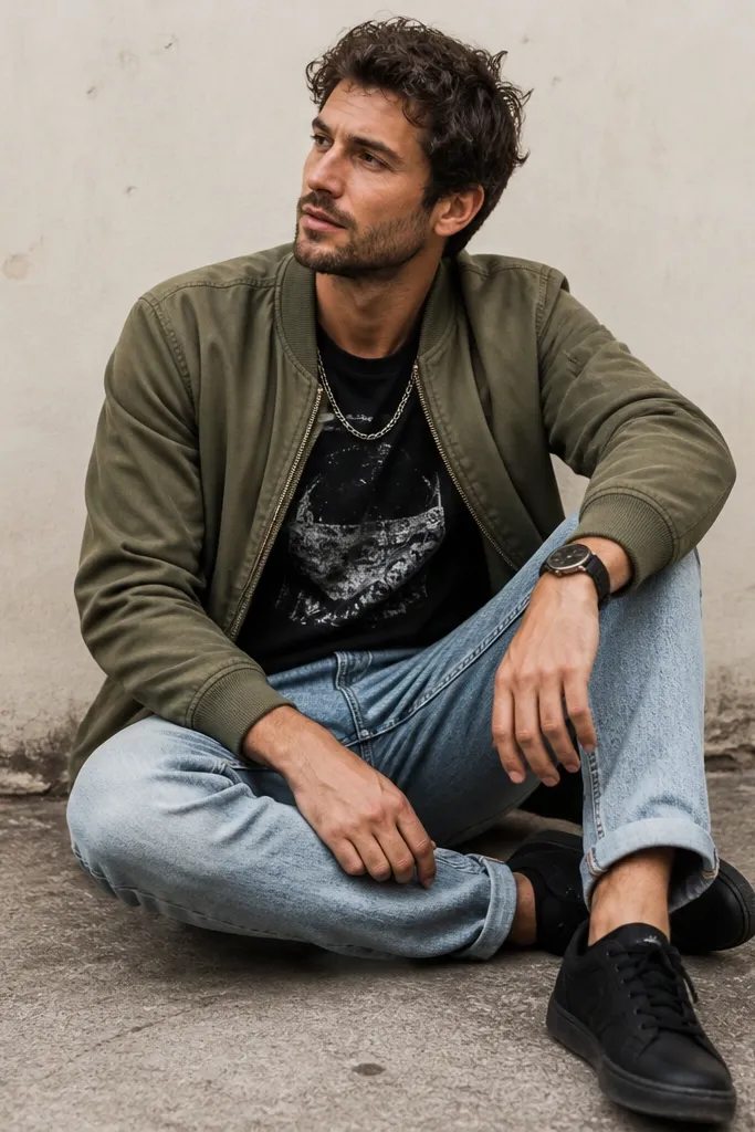 A man wearing an olive bomber jacket with a slightly worn hem, a black graphic tee, light faded blue jeans, and black sneakers. He has a silver chain and a watch with a dark strap.