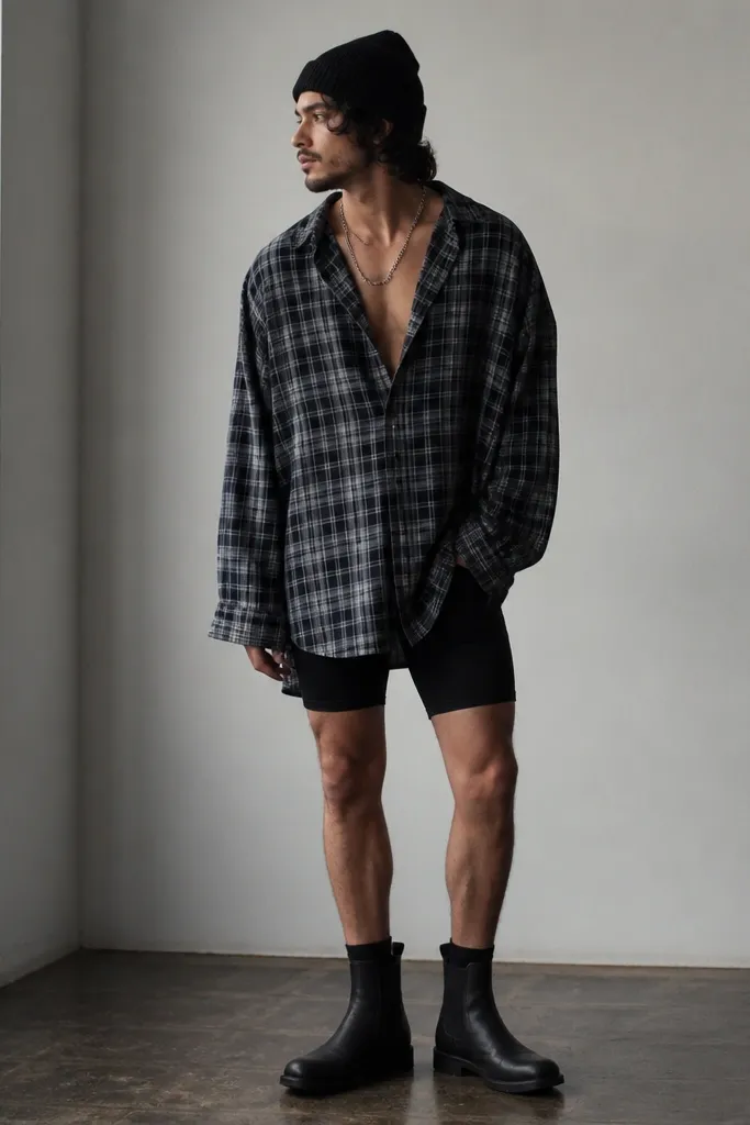 A man wearing an oversized black-and-gray plaid shirt open, black biker shorts underneath, and black slip-on boots. He has a long chain and a beanie.