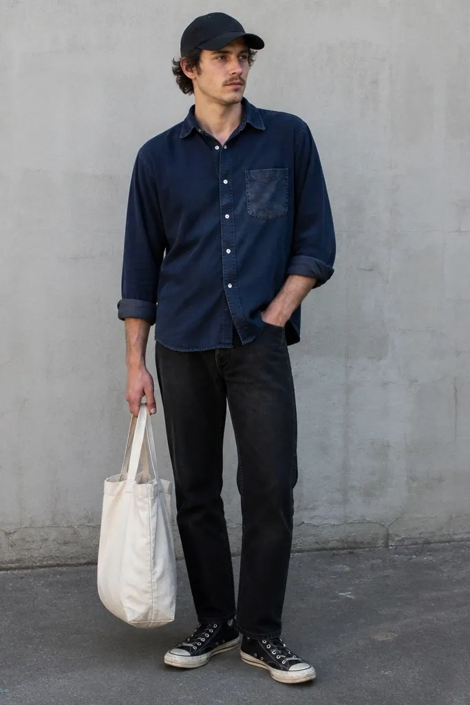 A man wearing a navy work shirt with a worn pocket and rolled sleeves, black straight jeans, and scuffed black Converse-style sneakers. He wears a black cap and carries a canvas tote.