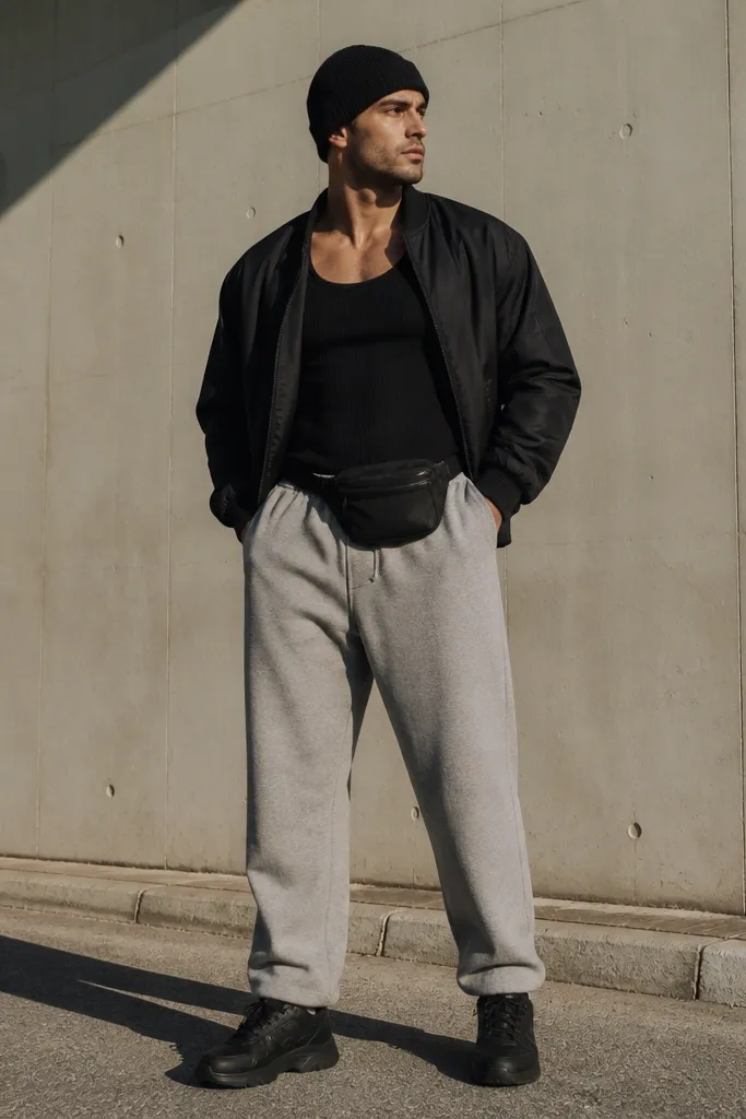 A man wearing gray sweatpants, a black ribbed tank top, a black bomber jacket, and black chunky sneakers. He wears a beanie and a small waist pouch.