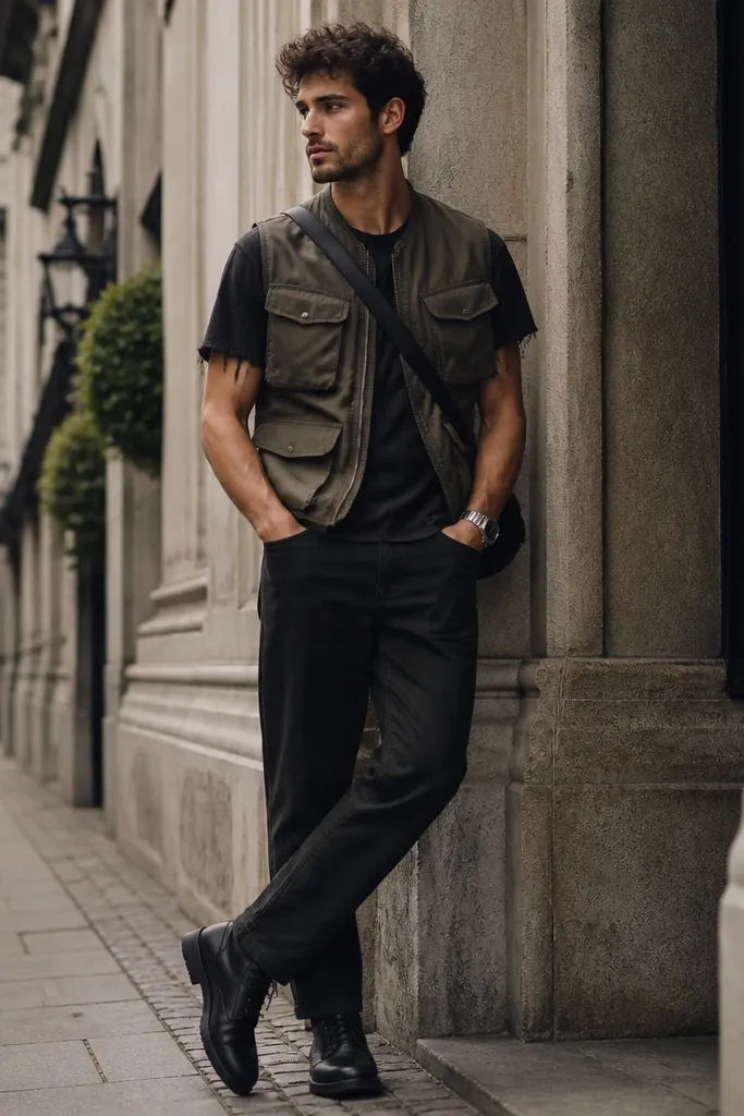 A man in a distressed black tee with small frays at the sleeves, an olive cargo vest with multiple pockets, black straight jeans, and black lace-up boots. He has a watch and a messenger bag strap.
