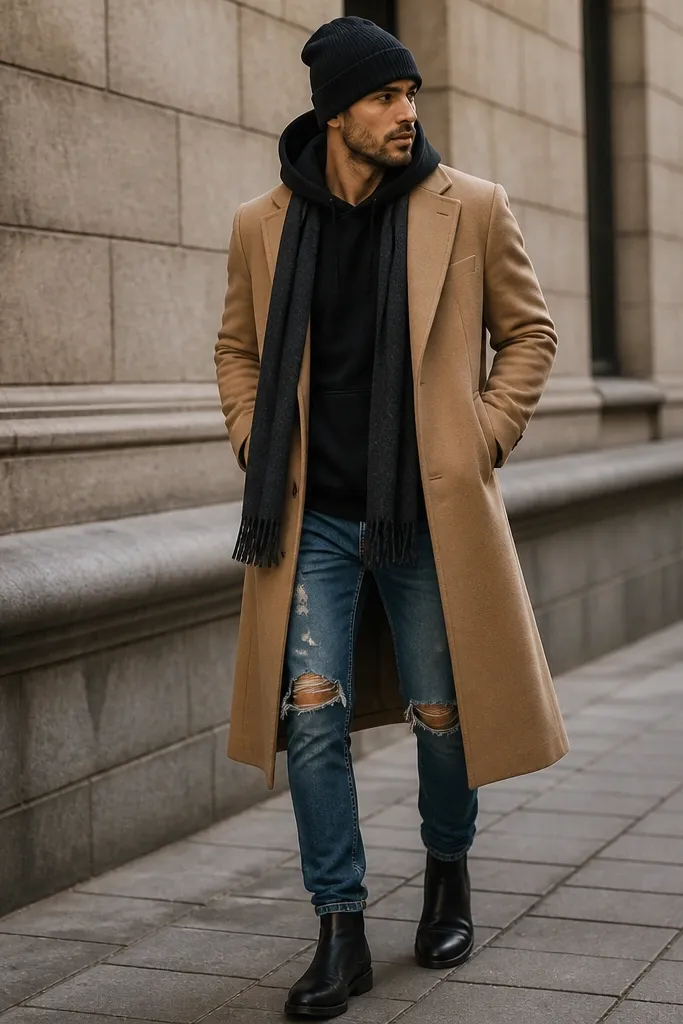 A man wearing a camel overcoat over a black hoodie, ripped blue jeans, and black boots. He has a dark scarf and a beanie.