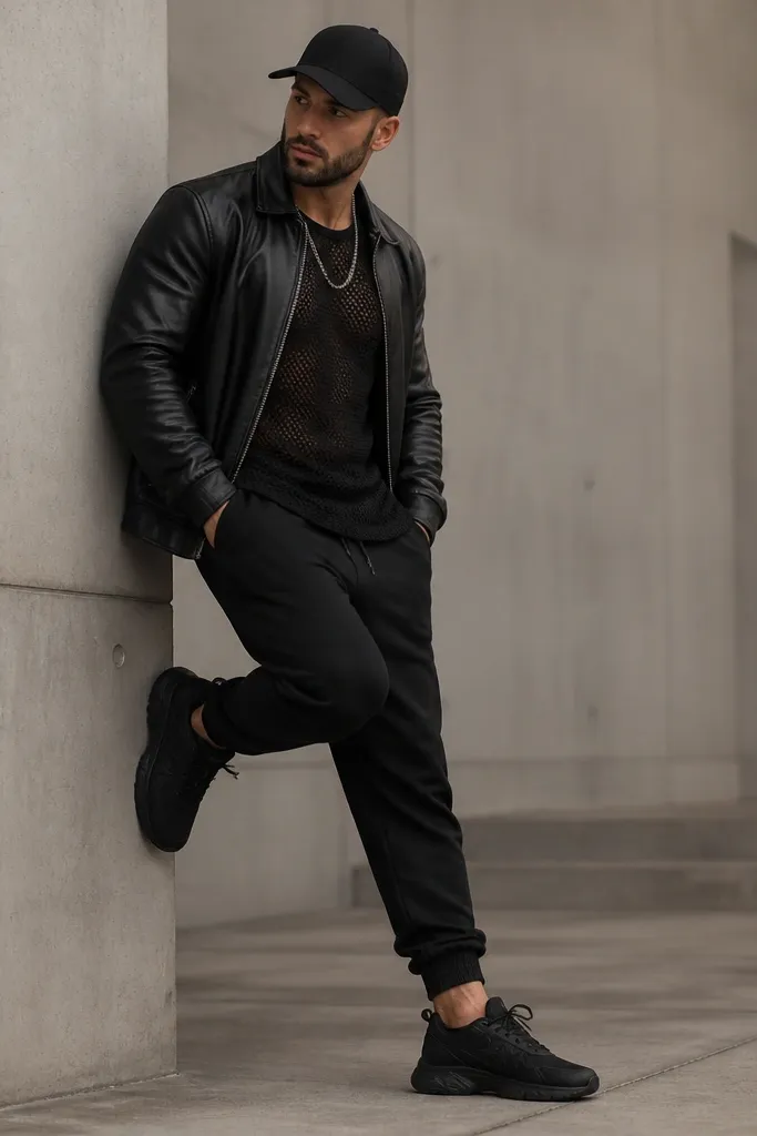 A man in a black mesh long sleeve shirt under a black leather jacket, black joggers with a tapered ankle, and black sneakers. He wears a chain and a cap.