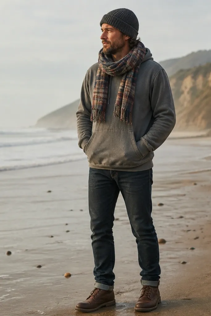 A man wearing a faded gray hoodie, a muted plaid flannel scarf wrapped loosely around his neck, dark denim jeans, and worn brown boots. He has a knit cap.