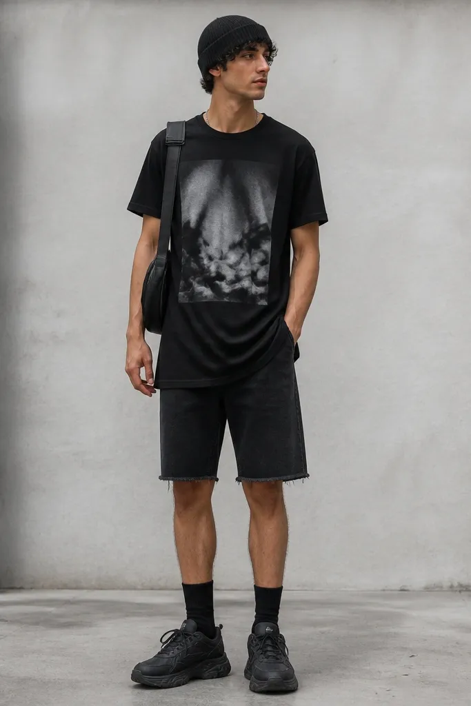 A man wearing a longline black graphic tee that hangs below the waist, black denim shorts, black crew socks, and chunky black sneakers. He has a beanie and a small shoulder bag.