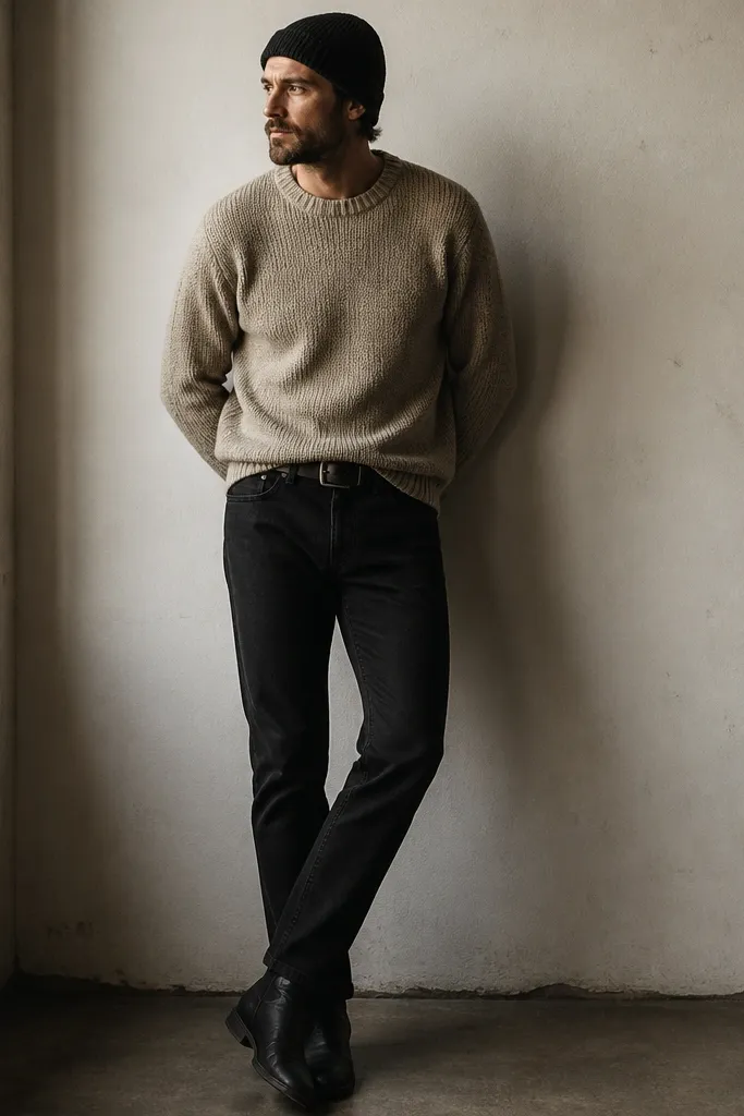A man in an oatmeal knit sweater with a slightly rough texture, black straight jeans, a worn black leather belt, and black boots. He wears a dark beanie and no other flashy accessories.