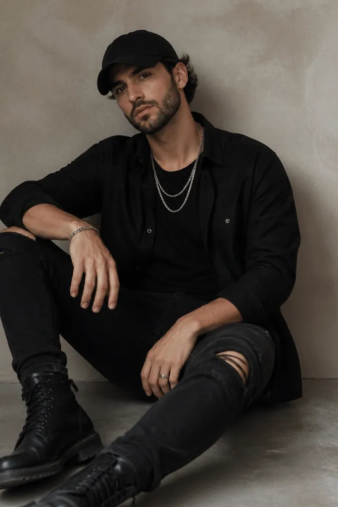 A man wearing a black button-up shirt worn open at the collar, a dark tee underneath, layered silver chain necklaces, black ripped jeans, and combat boots. He has a black cap.