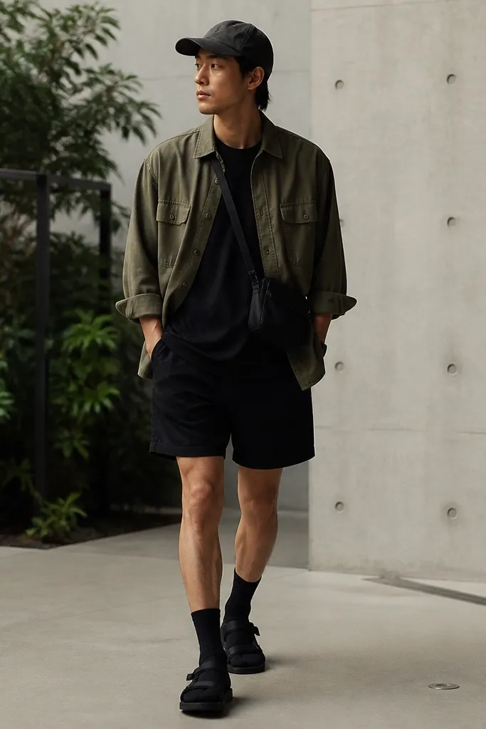 A man wearing an olive cargo shirt open over a black tee, black shorts, black socks, and black sandals. He carries a small crossbody bag and wears a cap.