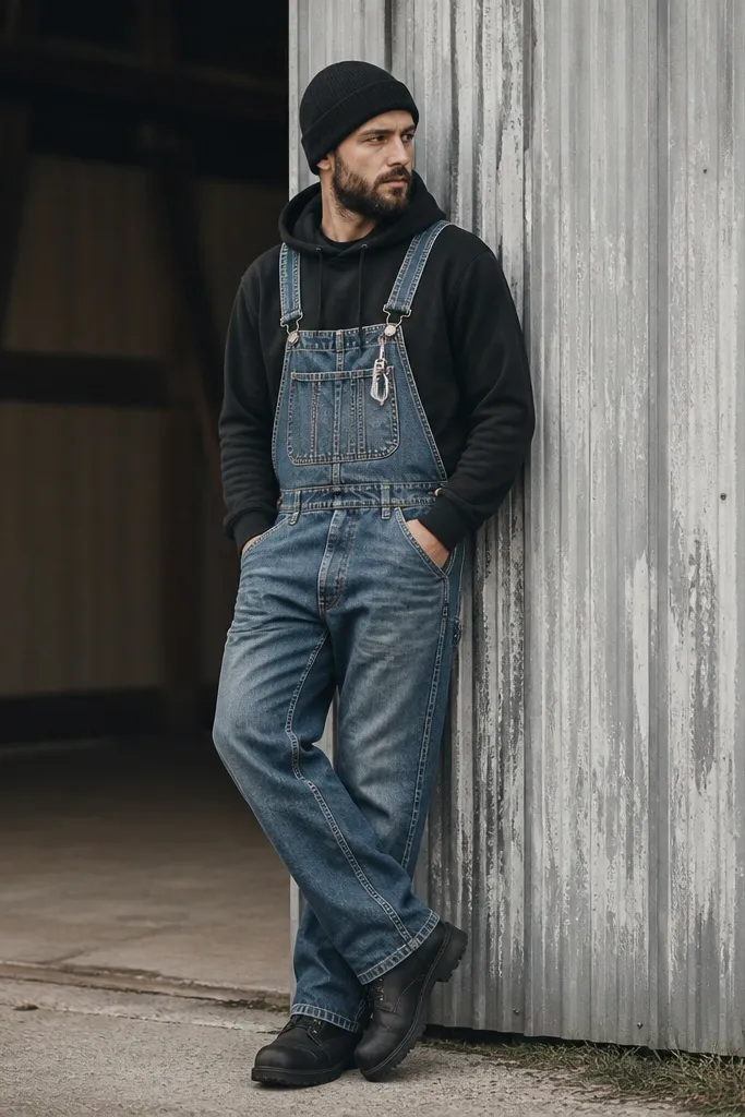 A man wearing faded denim overalls over a black hoodie, with the straps slightly worn, black boots, and a black beanie. A small carabiner keychain hangs from the strap.