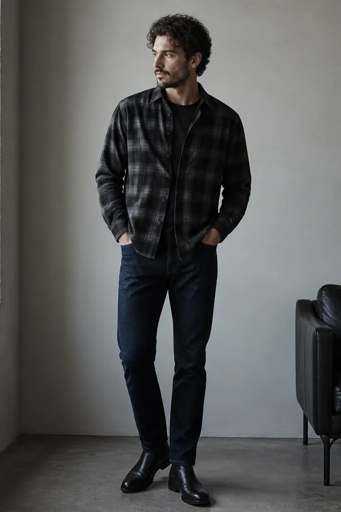 A black watch plaid flannel shirt worn buttoned to mid-chest, layered over a plain black tee, paired with dark indigo straight-leg jeans and black Chelsea boots. The scene shows a clean, monochrome look with the plaid only visible on the upper half.