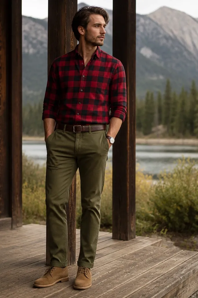 A red buffalo plaid flannel shirt tucked into olive green chinos, with a visible belt and a slight break at the waistband. The outfit is completed with tan suede desert boots and a simple watch.