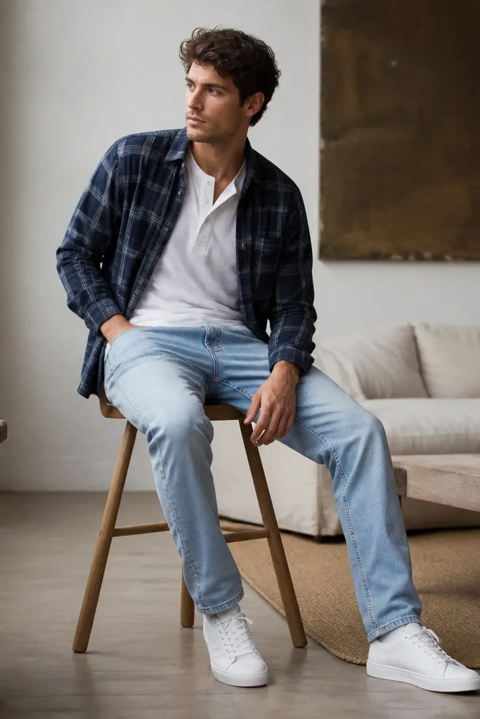 A navy plaid flannel worn open over a white henley, paired with light wash straight jeans and clean white low-top sneakers. The image shows the flannel draped loosely with the henley neckline visible.