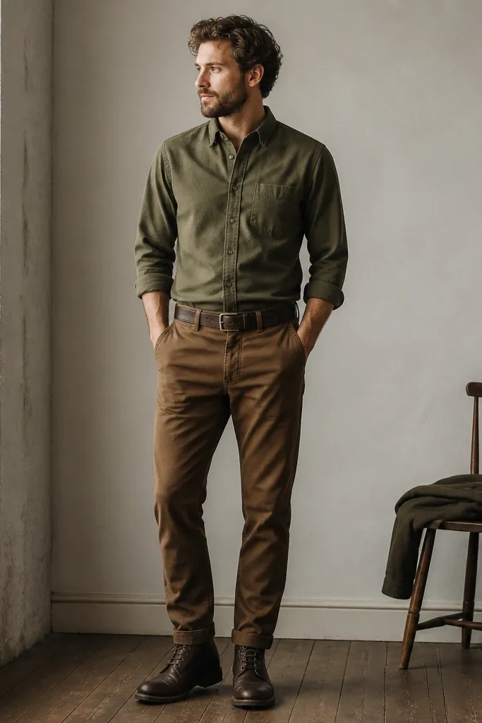A solid olive flannel shirt buttoned and slightly rolled at the cuffs, paired with brown tapered chinos and a heavy brown workwear belt. The outfit is finished with dark leather lace-up boots.
