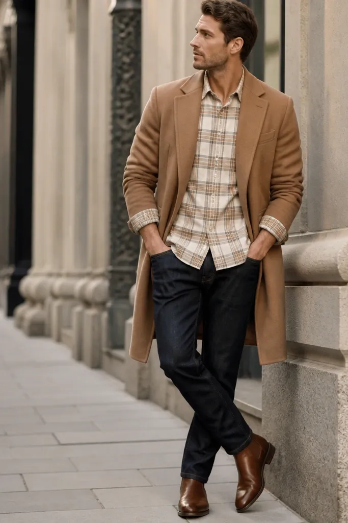 A cream-and-tan plaid flannel worn under a camel overcoat, with dark jeans and brown leather boots. The photo shows the overcoat sleeves slightly pushed up to reveal the plaid.
