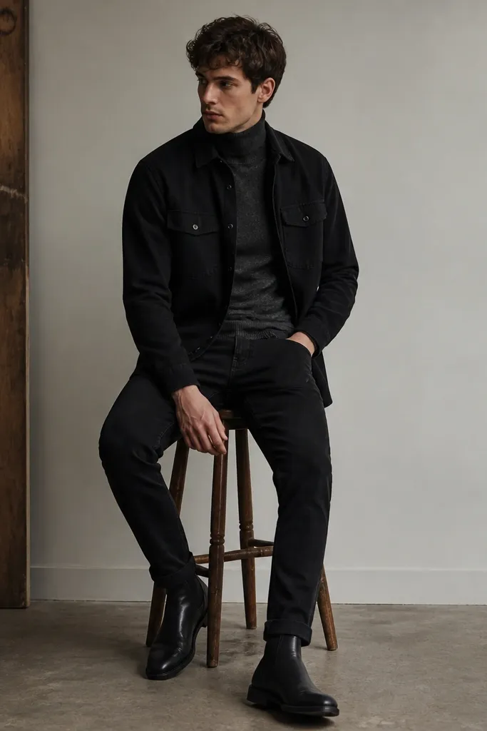 A black flannel overshirt worn open over a charcoal turtleneck. The pants are black denim, and the shoes are black leather ankle boots. The image shows a tight, clean neckline and a layered, dark look.